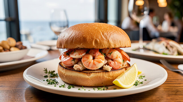 Fresh shrimp sandwich served on a plate in a restaurant