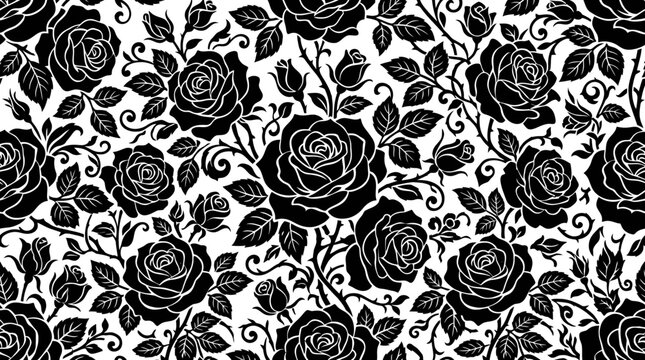 Decorative seamless pattern featuring intricate black rose floral silhouette vector design elements on white backdrop background