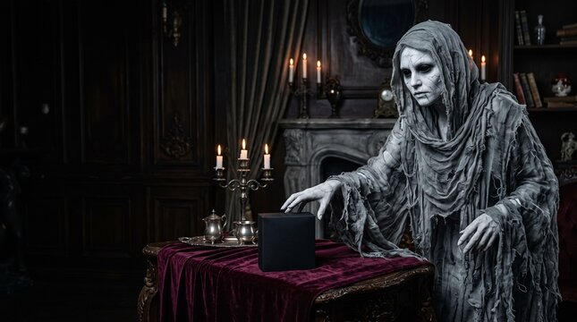 Pale spectral entity with candy box in gothic lounge