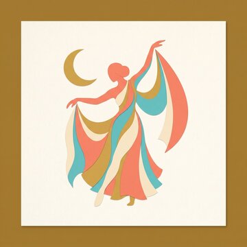 Abstract dancer with flowing colorful garments and crescent moon  