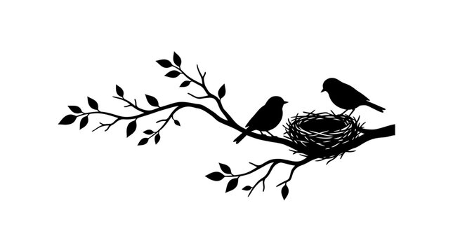 Minimalist black vector illustration featuring two small birds sitting on tree branch with bird nest