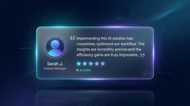Futuristic Testimonial Card Interface, Blue Digital Review Box, App UI Element, Web Design Layout, AI Feedback Display with Photo Placeholder isolated on White Background
