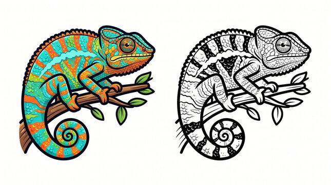 Two Identical Vibrant Orange and Turquoise Panther Chameleon Illustrations &ndash; Colorful and Black-and-White Vector Set