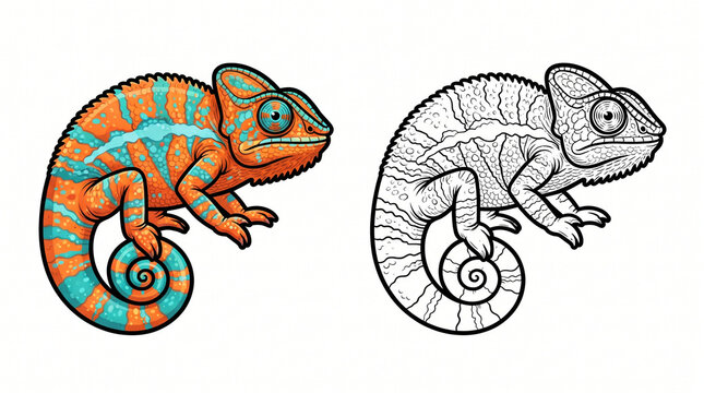 Two Identical Vibrant Orange and Turquoise Panther Chameleon Illustrations &ndash; Colorful and Black-and-White Vector Set