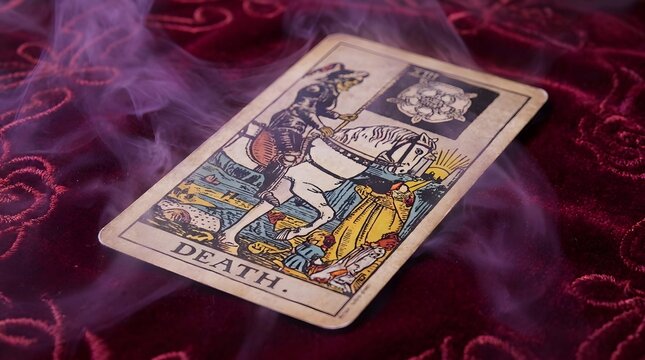 Death tarot card with mystical purple smoke on red velvet background for halloween occult ritual and psychic divination with ethereal light