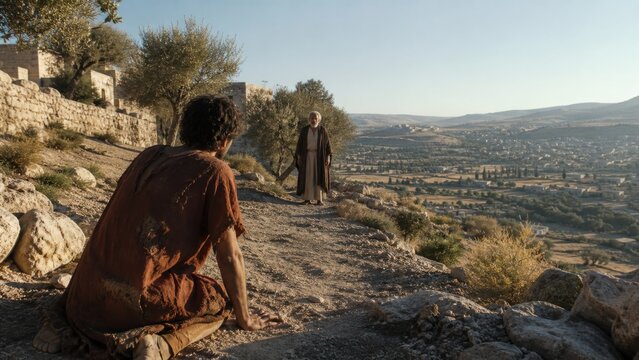 Repentant son returning to his father on a rocky hillside. Biblical parable of forgiveness, reconciliation, repentance, and spiritual homecoming in an ancient landscape.