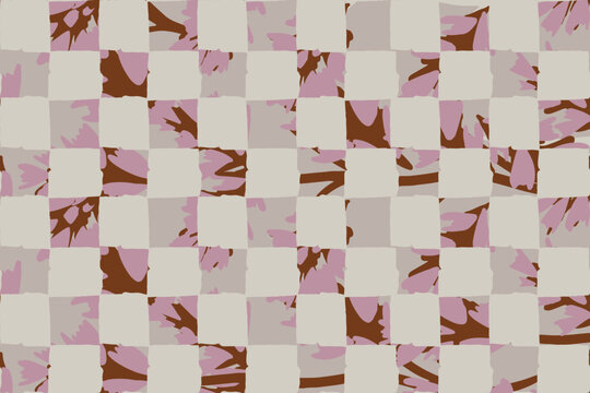 Pink brown checkered grid block seamless pattern. Botanical print distorted geometric distorted checkerboard dusty pink blush grid wabi sabi art hand drawn imperfect tile rustic aesthetic