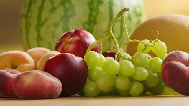 Watermelon, Grape green grapes with peaches and melon, fresh fruit assortment close-up macro shot