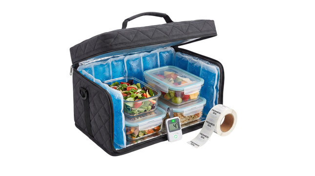Black insulated cooler bag with food container and ice pack