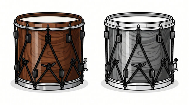 Two Identical Polished Wooden Marching Snare Drum Illustrations &ndash; Colorful and Black-and-White Vector Set