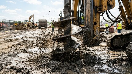 Fototapeta premium Large yellow tracked drilling rig boring into muddy ground at construction site yellow excavator