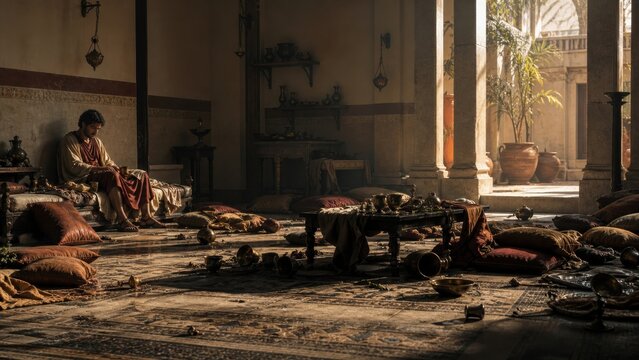 Regretful young man sitting alone in a lavish ancient home after wasting his inheritance. Biblical prodigal son parable depicting repentance, loss, and spiritual return.