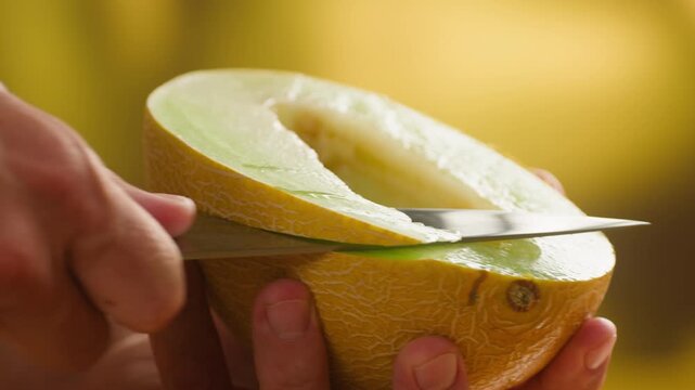Melon close up, man cutting Watercolor of a whole melon and slice, summer juicy fruit