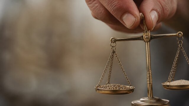 Hand holding balanced justice scale with grain and coins. Biblical parable concept of fairness, judgment, repentance, mercy, and moral responsibility.