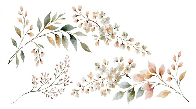 Watercolor floral branches with green leaves and small flowers isolated on white background.