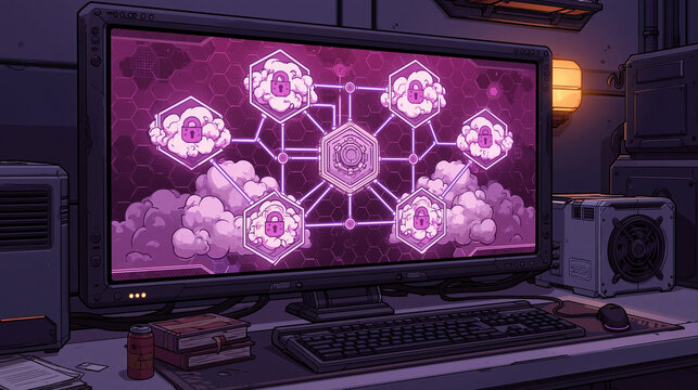 Cozy anime lofi workspace at night with a retro monitor showing a hexagon cloud security network for multi cloud architecture and data protection