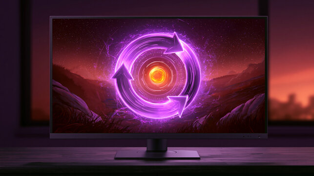 Desktop monitor displaying a glowing violet three arrow circular cycle around a fiery core for software development lifecycle and devops continuous improvement