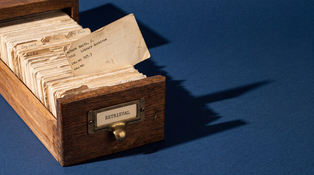 Vintage library card catalog drawer open with aged index cards and brass label holder on deep navy for information retrieval and knowledge base