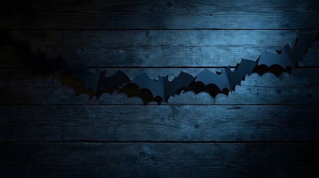 Spooky Halloween background with black paper bat garland hanging on dark blue illuminated wooden wall planks representing mysterious night atmosphere