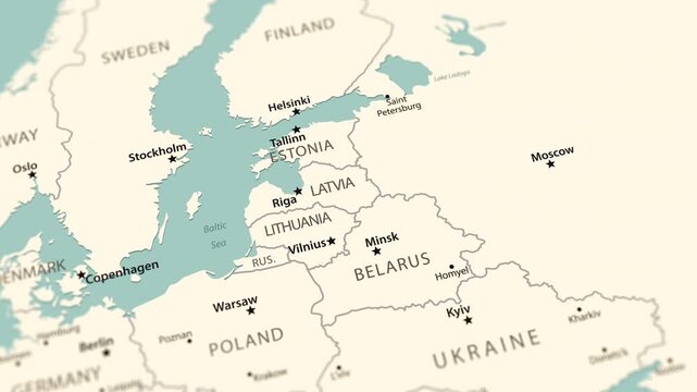 Ukraine. Political map of Eastern Europe with a smooth zoom from the Baltic region toward Ukraine and the Black Sea.