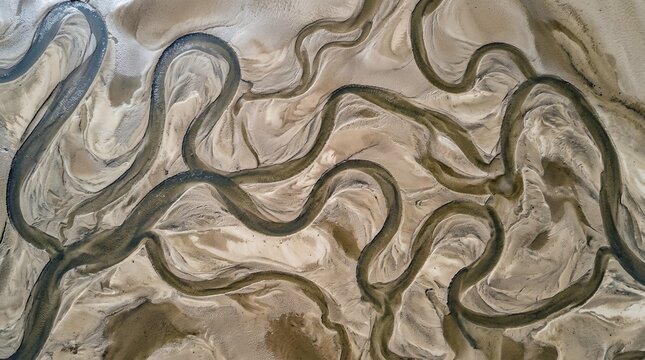 Top View Aerial of Meandering Riverbed Water Channels and Winding Sandy Patterns Natural Earthy Abstract Texture