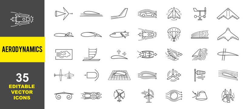 Aerodynamics and Fluid Mechanics Vector Line Icon Set. Featuring concepts for wind tunnel testing, airfoil lift, aviation engineering, and drag resistance. Minimalist editable collection