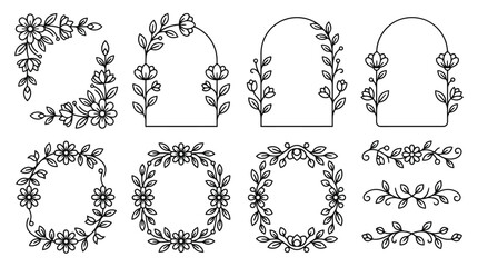 Fototapeta premium Minimalist floral frame set, elegant black line art flower borders, botanical wreath collection for wedding invitations and stationery