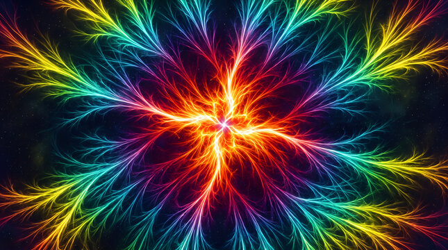 Vibrant multicolored fractal design with branching glowing lines radiating from the center