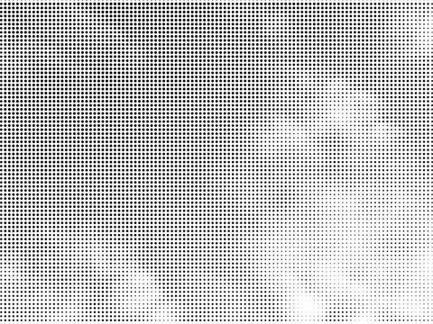 Vector grunge halftone sky with soft cloud shape and monochrome dotted texture. Retro atmospheric sky clouds background with distressed graphic effect and dramatic contrast.