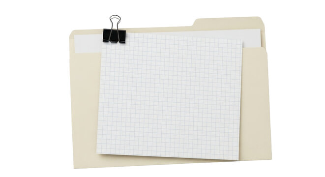 Beige manila file folder with squared notebook paper attached by black binder clip isolated on transparent background, concept of office document organization