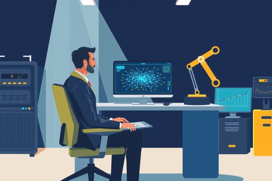 A contemporary AI robotics engineer working directly with an autonomous industrial robot inside a high-tech manufacturing research facility.

The engineer is standing beside a partially assembled robo