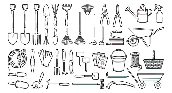 Minimalist gardening tools icon set, black outline garden equipment vector collection, professional landscaping and horticulture icons