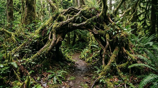 Enchanting mossy forest path with a natural tree root archway in a lush green temperate rainforest wilderness scene