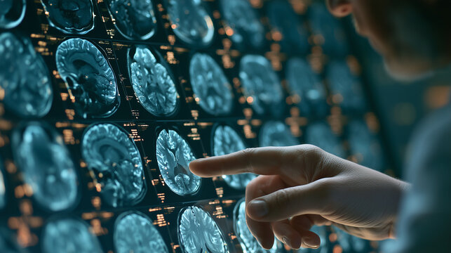 Close-up of brain imaging scan on lightbox, doctor's hand pointing at critical area brain CT scan, medical analysis, neurological exam, healthcare diagnostics, radiological review
