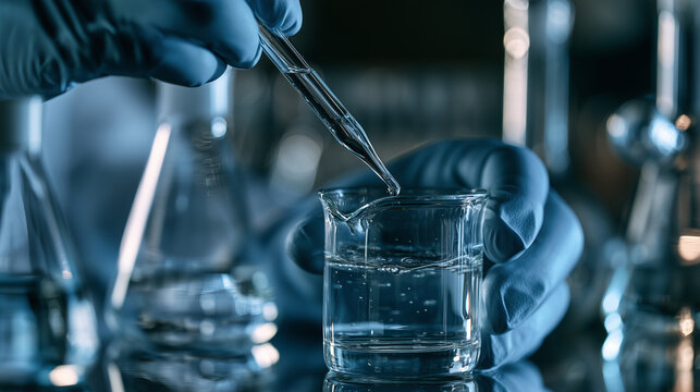 Gloved hands testing water quality using a pipette and glass container, scientific laboratory analysis of harmful contaminants including PFAS, lead, mercury and cadmium