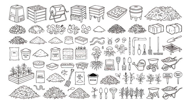 Hand drawn composting icons set, organic gardening doodle vector collection, compost bins and garden tools line art, sustainable farming elements