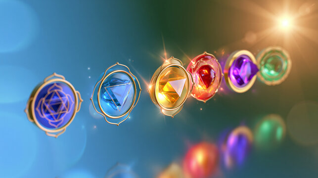 illustration of the seven chakras and their meanings displayed on a bright background, spiritual wellness concept, energy centers, educational, colorful, bright, with copy space