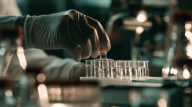Macro Cinematic Photograph of Gloved Scientist Placing PCR Sample Tubes into Real-Time Thermal Cycler with Blurred Lab Equipment