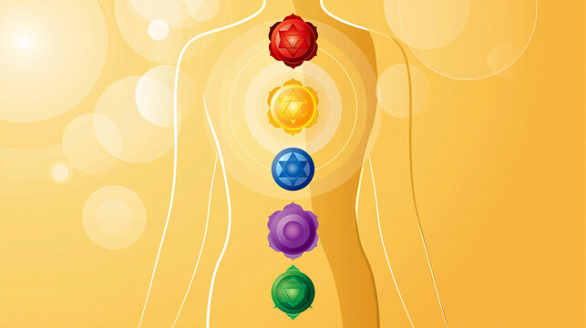 vector diagram of the seven chakras energy centers with a human body outline on a bright background, spiritual wellness concept, educational, colorful, bright, with copy space