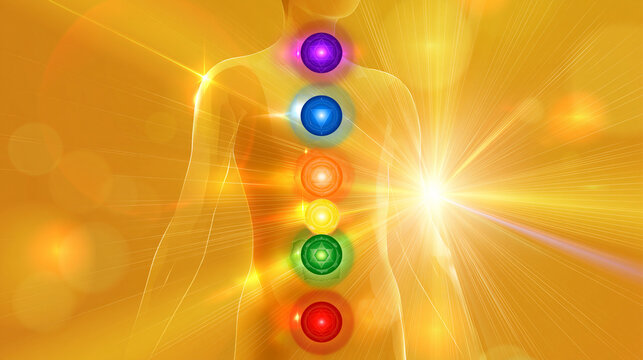 vector diagram of the seven chakras energy centers with a human body outline on a bright background, spiritual wellness concept, educational, colorful, bright, with copy space