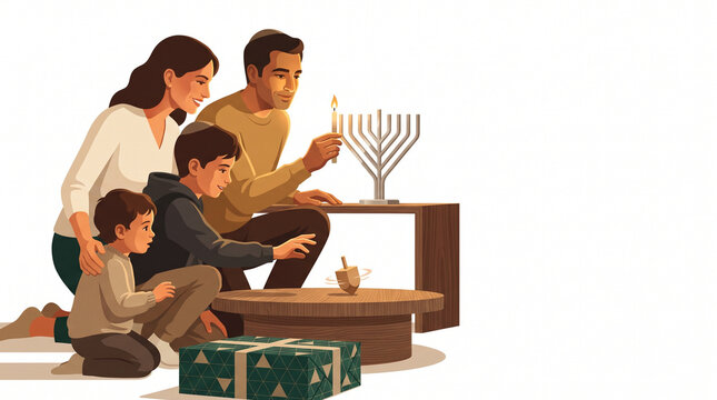 Family celebrating Hanukkah by lighting menorah and playing dreidel  