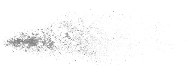 Obraz premium Gray dust powder particle spray cloud isolated on transparent background, fine floating scatter mist texture with smoky dispersion, debris speckles and explosion motion vector illustration