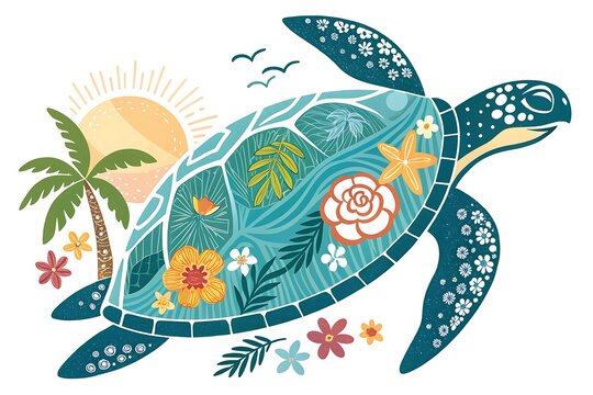 Sea turtle with floral shell swimming in nature