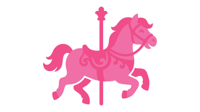 A cute pink carousel horse vector illustration featuring a whimsical flat design style, perfect for children branding, nursery decor, birthday party invitations, and playful toy concepts.