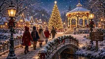 Obraz premium Children walking towards christmas tree in festively decorated evening town square