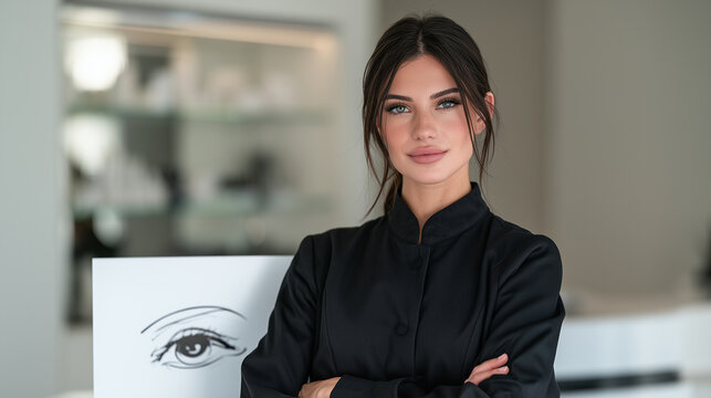 Three-quarter portrait of a confident female cosmetologist in an elegant black professional coat standing beside a minimalist placard with a hand-drawn eye illustration, modern cos