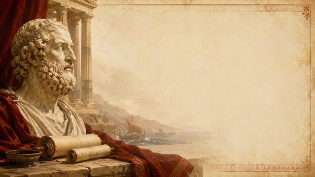 Homer bust against ancient coastline with ships and copy space for text