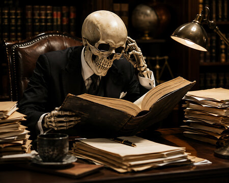 Funny Skeleton Lawyer Reading Legal Book at Desk, Dark Humorous Attorney Concept in Vintage Office