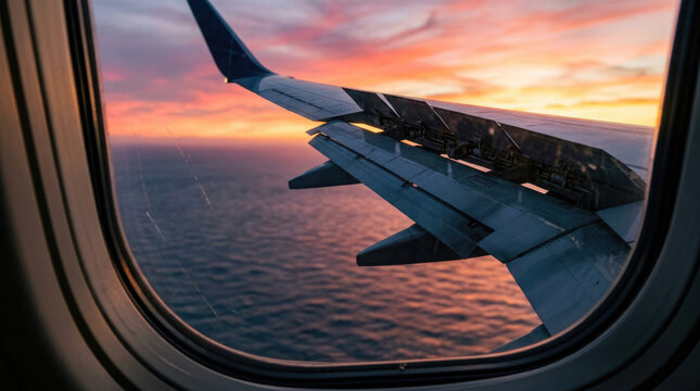 Airplane Wing Viewed Through Passenger Window Above Ocean During Vibrant Sunset Flight