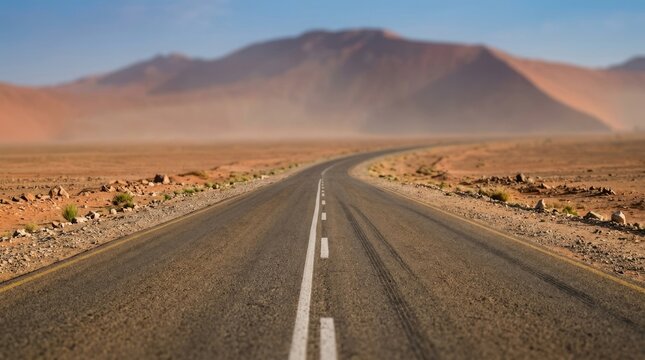 Empty Asphalt Road Crossing Remote Arid Desert Toward Distant Mountains